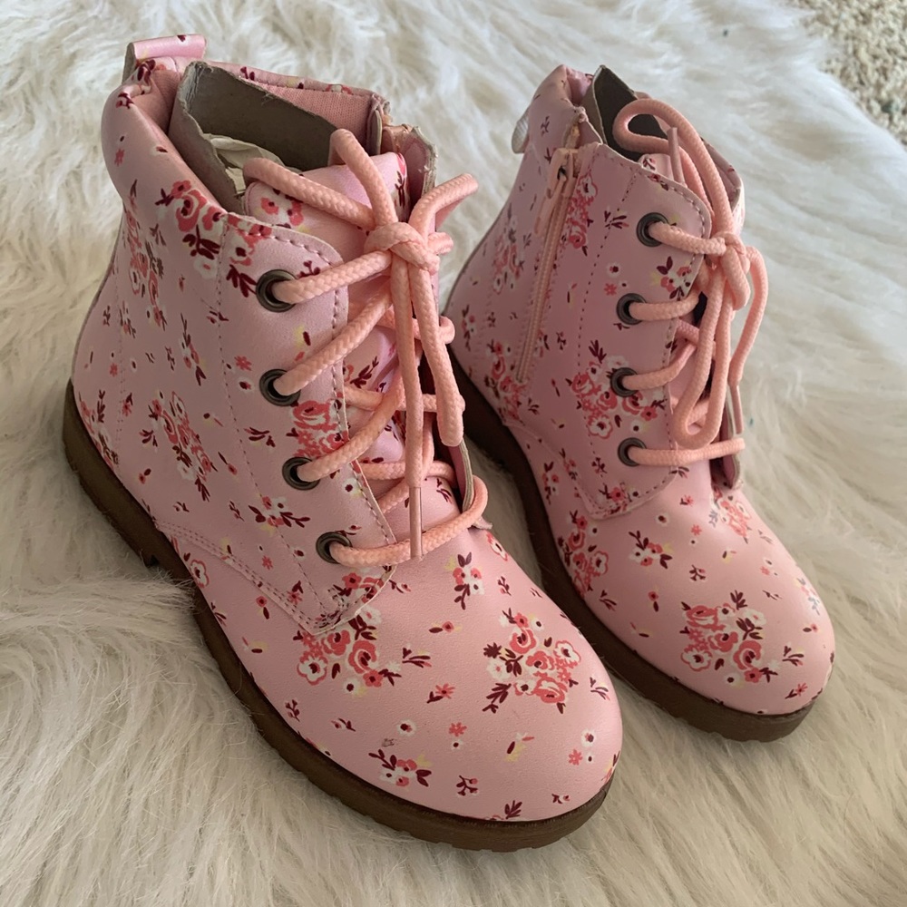 Girls Floral Lace-up Combat Rain Boots